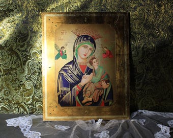 Religious Icon, Religious Lithograph, Altarpiece Lithograph, Wooden Panel Icon, Lithograph of the Virgin of Perpetual Help, Virgin Icon.