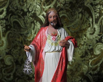 Heilig Hart van Jezus, 34 cm, gipsen beeld, Christusbeeld, polychrome figuur, antieke sculptuur van Jezus Christus, gipsen Christus