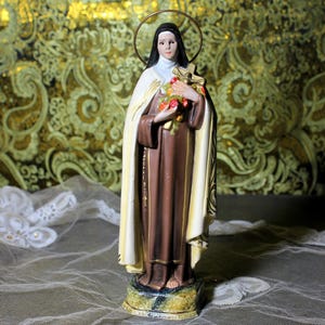 Ancient Sculpture of Saint Therese of Lisieux, Saint, Plaster Saint, Plaster Sculpture, Saint Statue, Saint with Pedestal, French Saint.