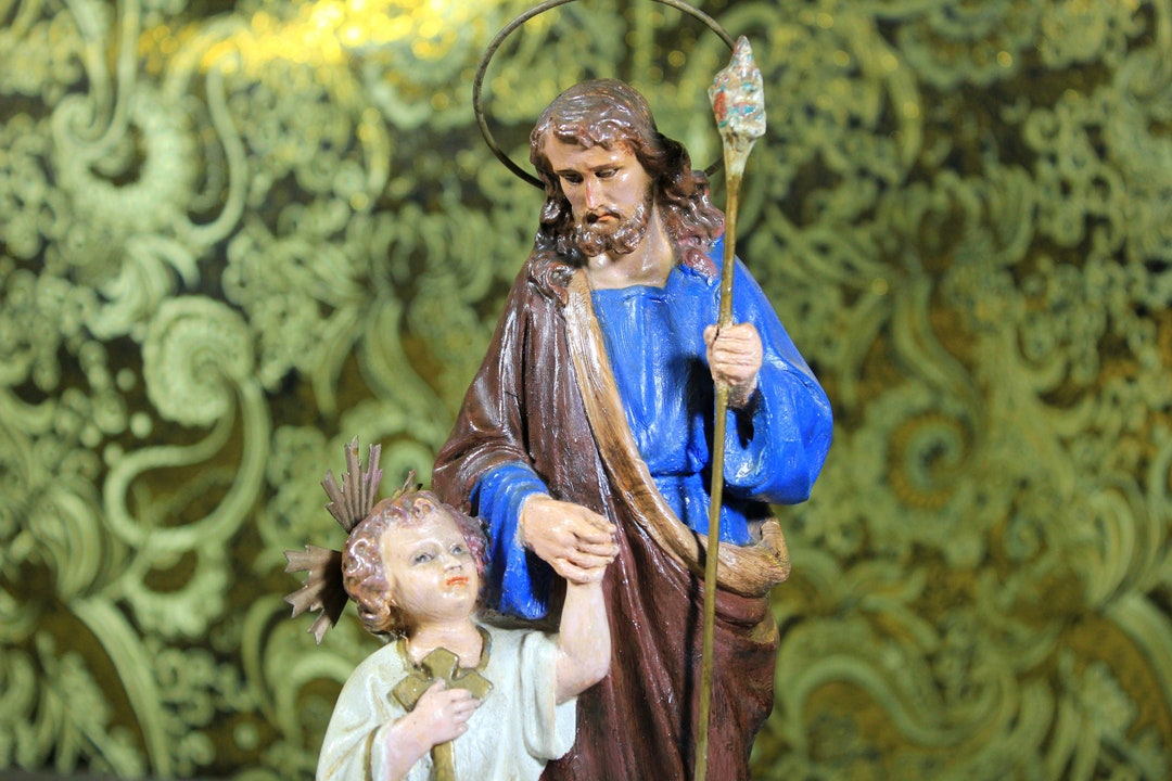 Antique Saint Joseph With Baby Jesus, Sculpture Saint Joseph, Statue