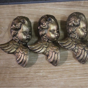 Set 3 Cherubs Angels Heads, Ancient Cherubs, Wall Angels, Ancient Puttis, Ancient Golden Cherubs, Little Angel Heads
