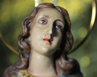 Skulptur der Jungfrau der Unbefleckten Empfängnis, polychrome religiöse Skulptur, Jungfrau mit Kristallaugen, Madonna, antike Jungfrau aus den 1930er Jahren, Spanien.