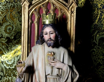 Great Jesus on Throne, Jesus Christ Sculpture, Wood Carving, Sacred Heart of Jesus, Glass Eyes, Polychrome Sculpture, 19th Century