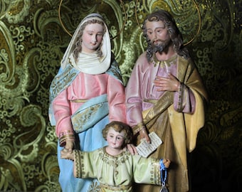Skulptur der Heiligen Familie, Antike Heilige Familie, Skulptur der Jungfrau Maria, Skulptur des Jesuskindes, Skulptur des Heiligen Josef, Statue der Heiligen Familie