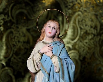 Skulptur der Jungfrau der Unbefleckten Empfängnis, polychrome religiöse Skulptur, Jungfrau mit Kristallaugen, Madonna, antike Jungfrau aus den 1930er Jahren, Spanien.