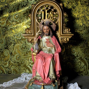 Jesus on Ancient Throne, Jesus Christ Sculpture, Figure, Sacred Heart of Jesus, Glass Eyes, Polychrome Sculpture, Barcelona.