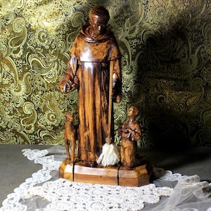 Antiguo Santo, San Martín Porres, Conjunto escultórico, 43 cm, Escultura Religiosa, Figura Santo Olot, Escultura de Escayola, Santo años 50