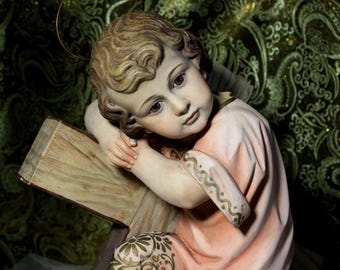 Baby Jesus on the Cross, Antique Child, Plaster Child, Religion, Child Sculpture.