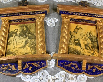 Antique Pair of Religious Icons, Via Crucis Couple, Wooden Icons, Icons with Lithography, Crucifixion Icons, 50s Icons