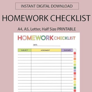 Checkliste Hausaufgaben zum Ausdrucken: Schulplaner (Digitaler Download)