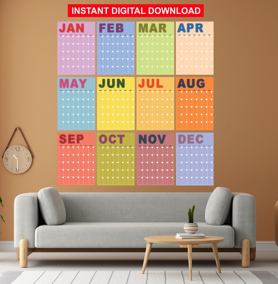 Monthly Wall Calendar Printable A3 A4 Size PDF, Large Monthly Wall ...