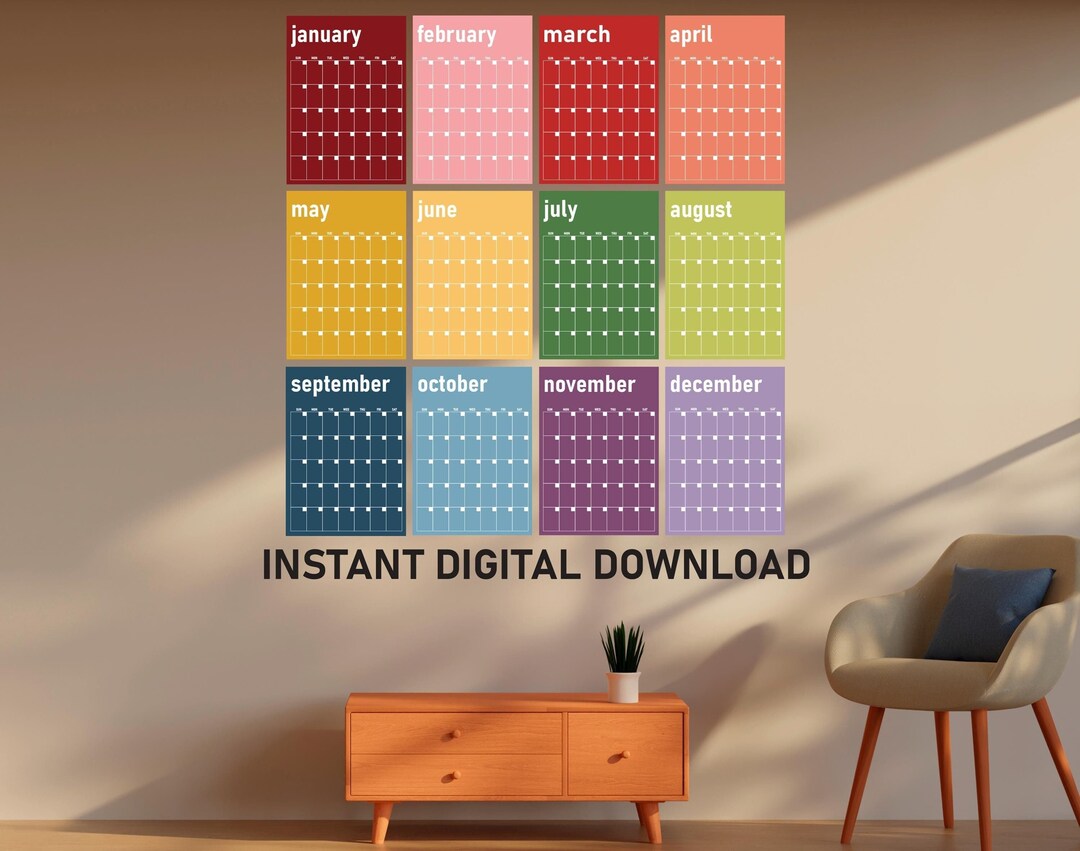 Large Monthly Wall Calendar Printable Bright, Office Calendar, Undated