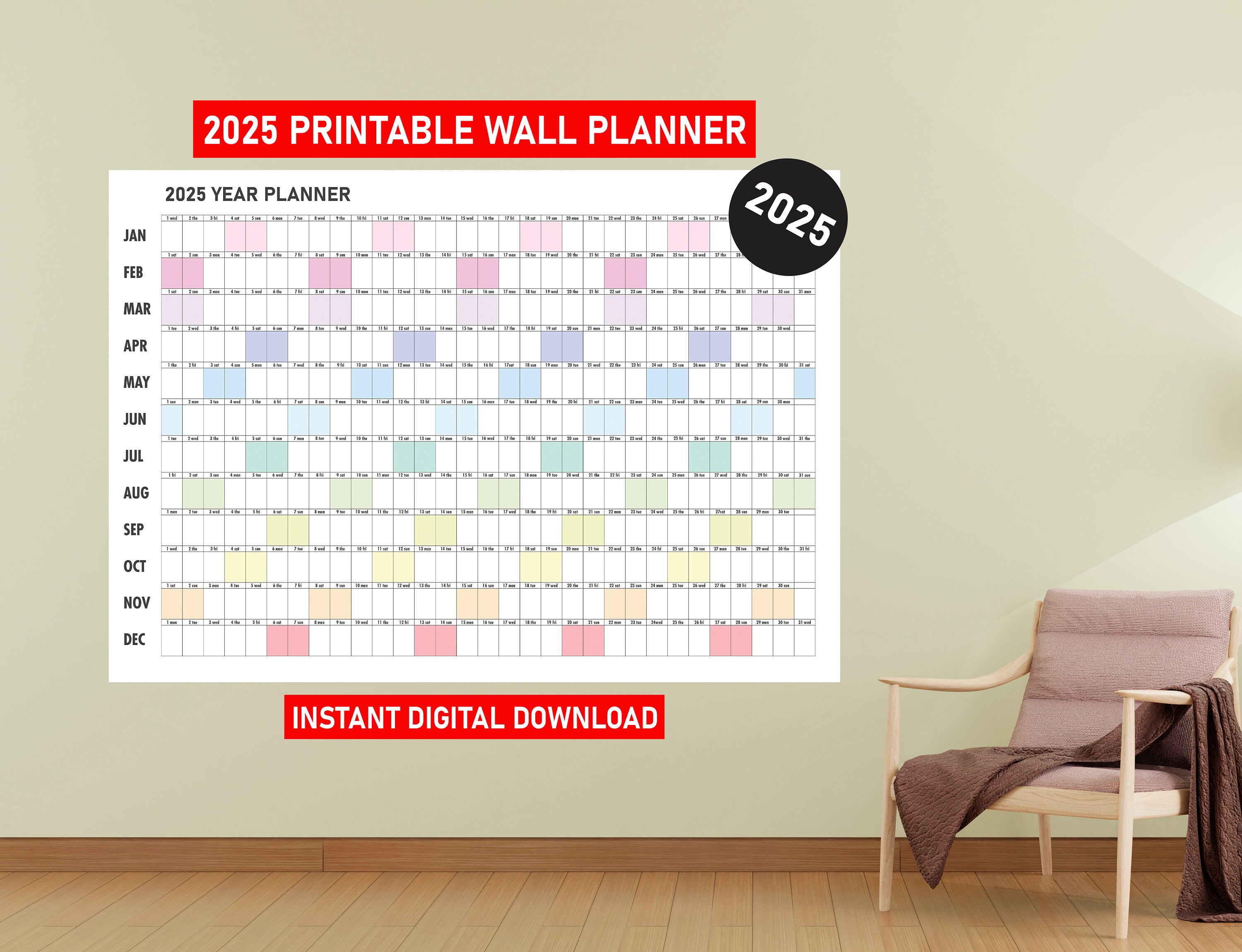 Giant Wall Planner 2025 Printable PDF, 2025 Wall Calendar, Large Wall