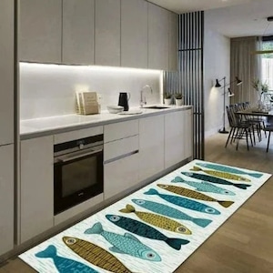 Fish Pattern Kitchen Carpet - Machine Washable - Balcony Terrace Kitchen Carpet - Soft Non-Slip Carpet - Kitchen Rug