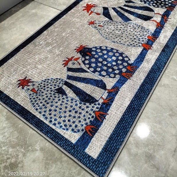 Chickens Themed Kitchen Rug - Machine Washable Navy Blue Printed Kitchen Mat - Decorative Kitchen Rug - Soft Non-Slip Kitchen Rug