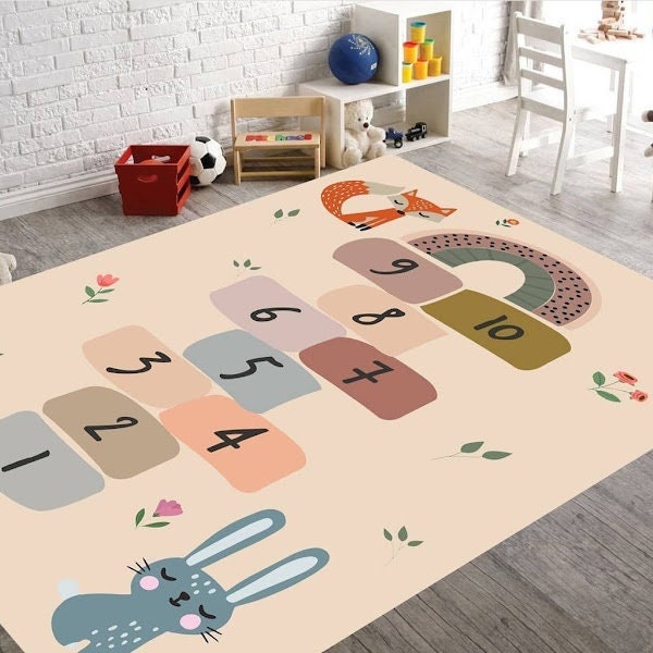 Anti-Allergic Machıne Washable Non Slip Carpet - Rabbit And Fox Themed Hopscotch Children's Rug - Soft Children's Room Mat