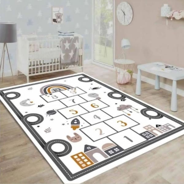 Anti-Allergic Machine Washable Non-Slip Floor Carpet - Play Mat with Hopscotch - Soft Kids Room Carpet - Road Themed Play Rug or Mat