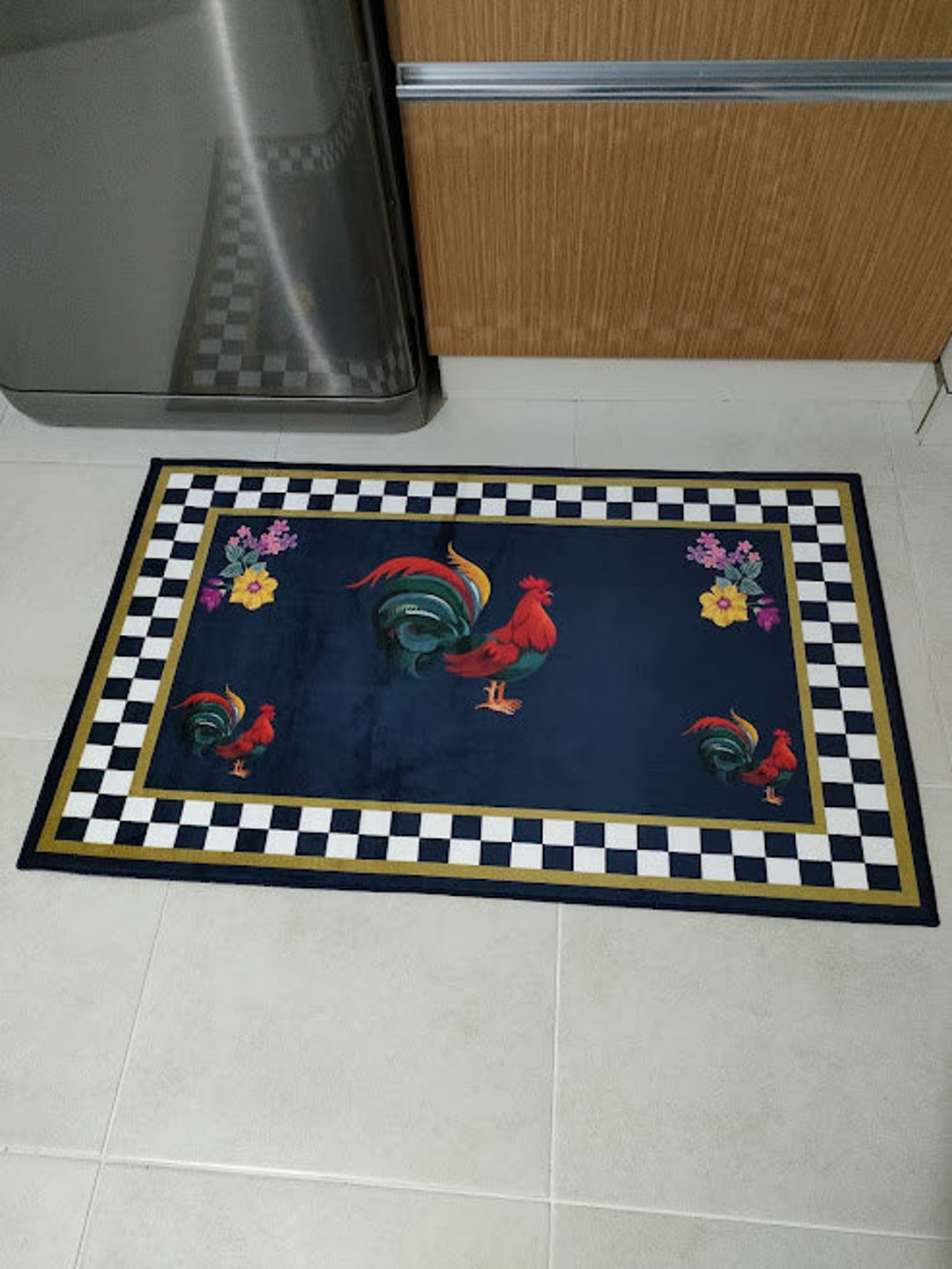 Rooster Pattern Checkered Kitchen Rug Machine Washable Navy Blue