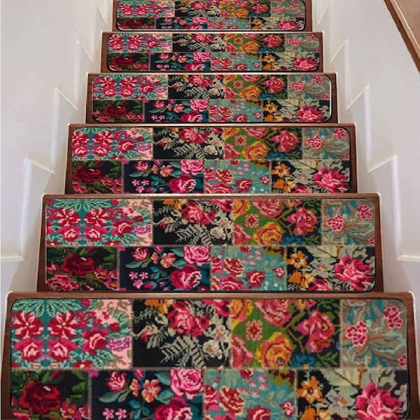 Rose Stair Runner, Stair Treads Carpet, Non-Slip Backing Rug, Machine Washable Soft Stair Rug, Easy to Clean, Step Rug, Stair Mat