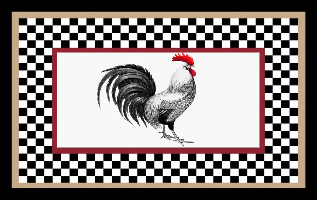 Rooster Pattern Checkered Kitchen Rug Machine Washable Navy Blue