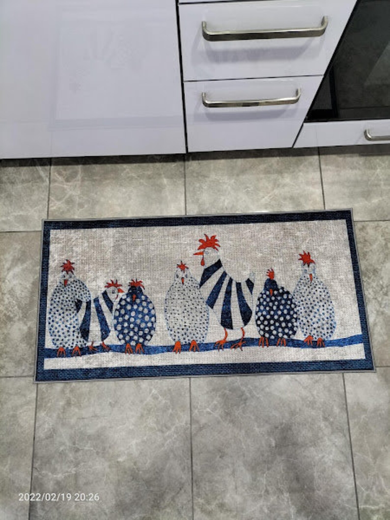 Chickens Themed Kitchen Rug Machine Washable Navy Blue Printed Kitchen