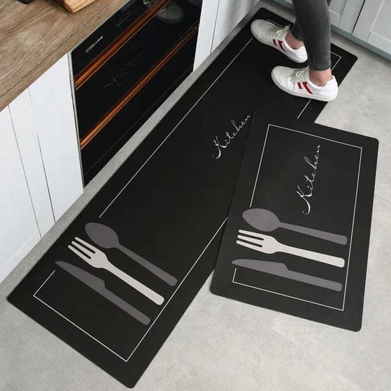 Black Spoon, Fork, Knife Themed Kitchen Rug Machine Washable Red