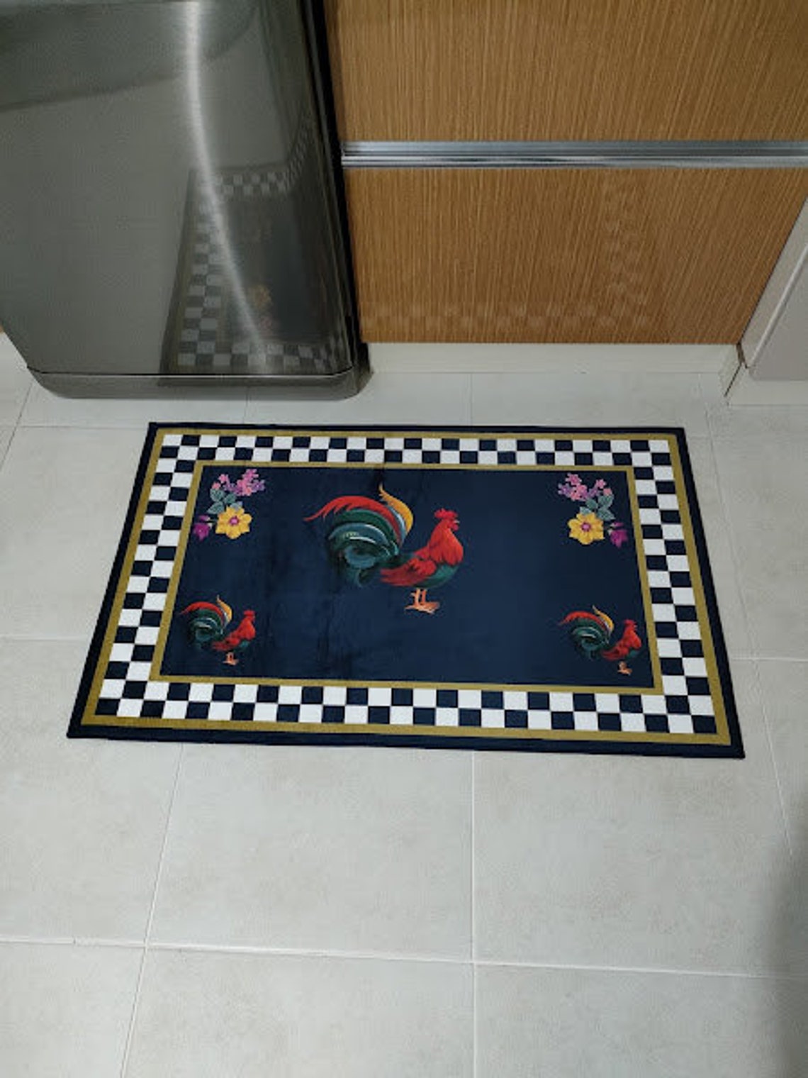 Rooster Pattern Checkered Kitchen Rug Machine Washable Navy Etsy