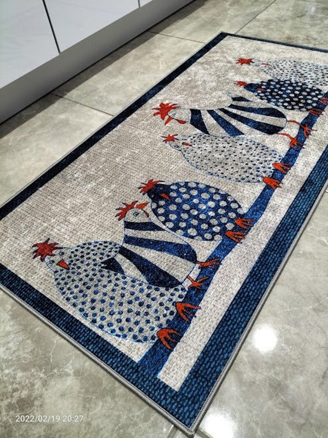 Chickens Themed Kitchen Rug Machine Washable Navy Blue Etsy