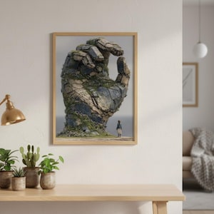 Peut inclure: Une impression d'art encadrée représente une sculpture de main colossale en pierre et couverte de mousse. Une petite figurine se tient à la base, soulignant l'échelle de la sculpture. L'œuvre est exposée sur un mur blanc au-dessus d'une table en bois avec des plantes en pot.