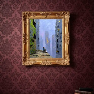 May include: A framed painting with a gold ornate frame hangs on a burgundy patterned wall. The painting depicts a person sitting on steps in a city with tall buildings. The painting has a blue and gray color palette.