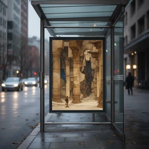Puede incluir: Una impresión artística en una parada de autobús muestra una escena arquitectónica con altas columnas y una persona. La obra de arte utiliza tonos beige, marrón y azul, creando profundidad. La parada de autobús está en una calle de la ciudad.