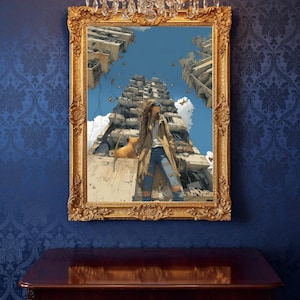 Utskrivbar väggkonst, Flicka med katt bland sönderfallande byggnader, Postapokalyptisk konst