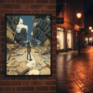 以下が含まれることがあります： ポスト黙示録的なシーンを描いた額入りのアートワーク。瓦礫と倒壊した建物の真ん中の道に人が立っています。アートワークは黒いフレームに入っており、レンガの壁に掛けられています。