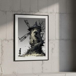 May include: Framed black and white artwork depicting a weathered windmill, overgrown with dark, twisted branches. A small figure stands nearby, adding scale to the scene. The artwork is displayed on a textured wall.