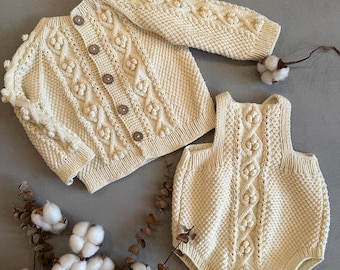 Hand Knitted Baby Outfit Set: Cable Knit Cardigan & Romper, Organic Cotton Baby Clothes