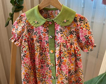Floral Baby Girl Dress, Embroidered Peter Pan Collar, Vintage Style Cotton Toddler Outfit