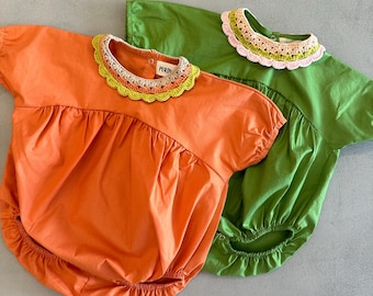 Handmade Baby Girl Romper, OEKO-TEX Crochet Collar, Cotton Toddler Summer Outfit