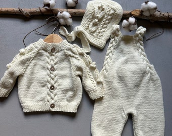 Ensemble Cardigan + Chapeau Tricoté Main Bébé - Blanc, Laine, Taille Nouveau-né