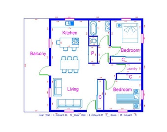 30' x 30' | Modern House Plans | 2 Bedrooms  |  Floor Plan | Small Cottage Architectural Plans | Custom 900 sqft House Blueprints I 84 m2