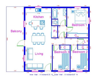May include: A blue and white floor plan of a house with three bedrooms, a kitchen, a living room, and a balcony. The floor plan shows the layout of the rooms and the dimensions of the walls. Inner wall: 4 inches (10.16 cm). Outer wall: 6 inches (15.24 cm).