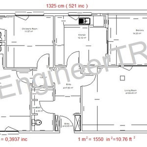 May include: A black and white floor plan of a house with dimensions in centimetres and inches. The floor plan shows a living room, kitchen, balcony, bedroom, and two bathrooms. The text "EngineerTR" is superimposed on the image.
