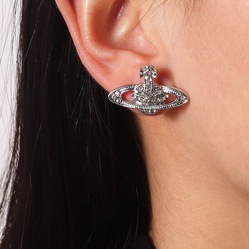 Saturn Planet Earrings | Silver and Gold | Vivienne earrings | Pearl Planet earrings | Vivienne Jewellery | Mini Orb | Stud | Rhinestone 