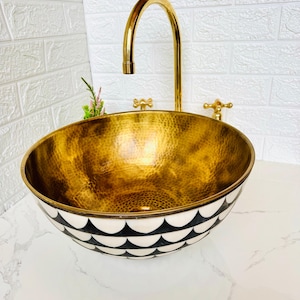 Lavabo de baño de cobre / Lavabo de tocador de resina de cobre / Lavabo de cuenco en blanco y negro / Lavabo de tocador / Antiguo / Decoración de baño