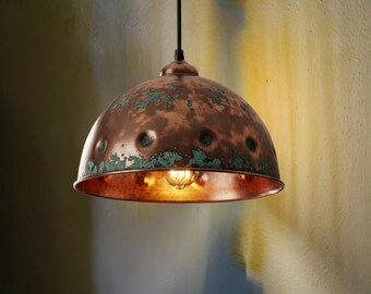 Handmade Hammered Copper Dome Pendant Light with Rustic Verdigris Patina - Industrial Farmhouse Ceiling Lamp