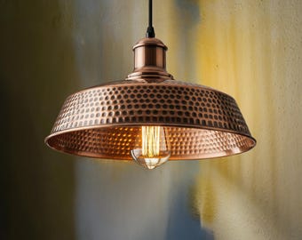 Hammered Dome Pendant, Polished Copper Light, Industrial Farmhouse Lamp