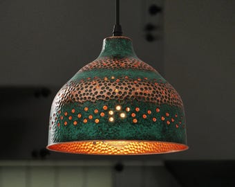 Blue Patina Copper Pendant Light: Rustic Dome Hanging Fixture
