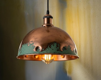 Hammered Copper Pendant Light: Green Patina Rustic Dome Lamp