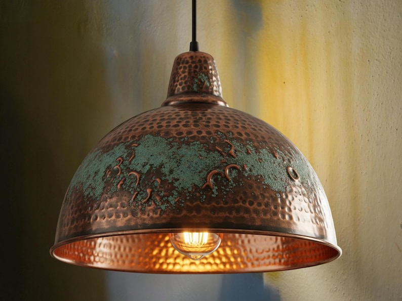 Rustic Copper Lights Copper Pendant Light - Hammered Rustic Industrial Lamp With Verdigris ...