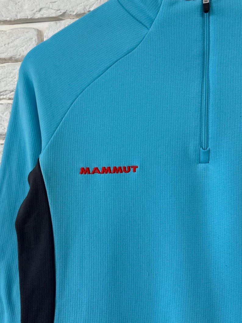K&ouml;nnte beinhalten: Ein hellblauer Langarm-Pullover mit einem viertellangen Rei&szlig;verschluss am Kragen und schwarzen Seiteneins&auml;tzen. Der Markenname MAMMUT ist in rotem Garn auf der linken Brustseite des strukturierten Kleidungsst&uuml;cks eingestickt.