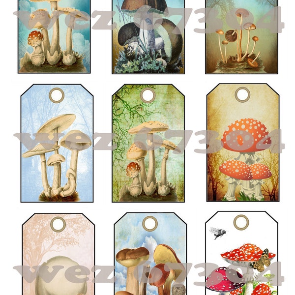 9 Funghi Fungi Fungus Mushrooms Toadstools Digital Download Tags for Gifts or Junk Journals